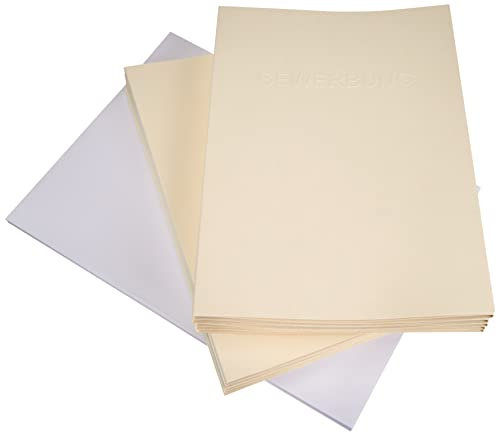 10 Stück 3-teilige Bewerbungsmappen Creme in feinster Lederstruktur - inkl. 10 Versandumschläge in Weiß - mit 2 Klemmschienen und hochwertiger Prägung ''BEWERBUNG'' - direkt vom Hersteller STRATAG