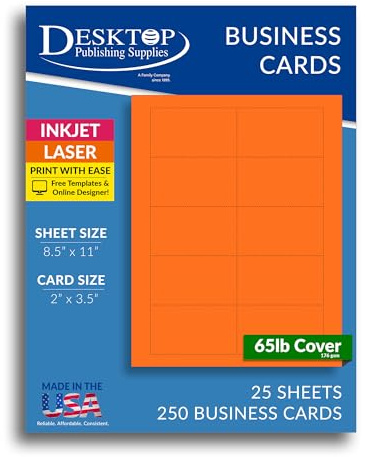 250 Bright Orange Business Cards 3.5 x 2 - Printable Colored Blank Business Card Paper Sheets, Micro Perforated Cardstock Business Cards 65lb Cover(176gsm) for Inkjet Laser Printers,10 UP -25 sheets