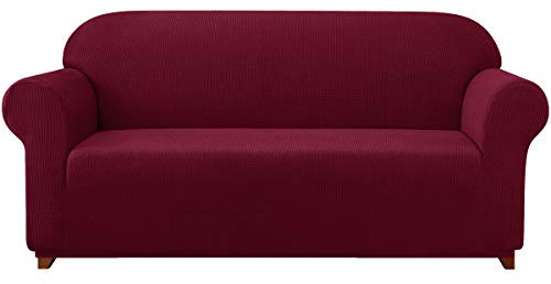subrtex 1-Piece Stretch Sofa Cover 3-Seaters Spandex Jacquard Fabric Slipcovers for Couch, Armchair, Machine Washabl (Sofa, Burgundy)