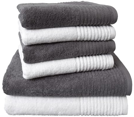 Dyckhoff Handtuchset Brillant, 6-teilig, 100% Baumwolle, weiß-grau | 2 Badetücher 70x140cm, 4 Handtücher 50x100cm, modern und gemütlich, idealer Badbegleiter