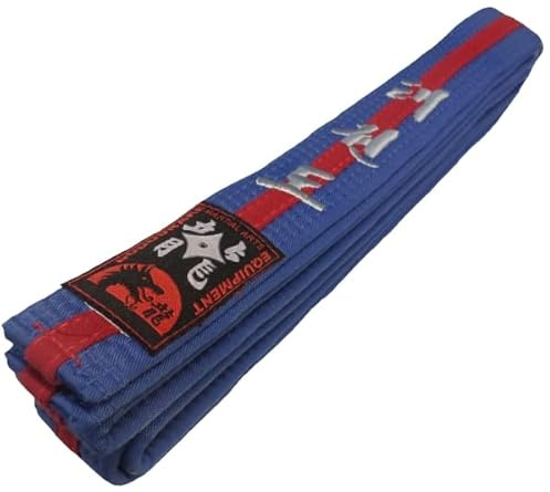 Budodrake Blau-Roter Mittelstreifen Gürtel Bestickt Taekwondo in Silber