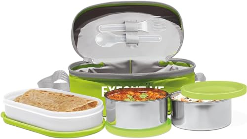 MILTON Stainless Steel Lunch Box for Adults & Kids – Leakproof Tiffin Box with Bag, Fork & Spoon – Bento Box for School, Office, Salad & Food Storage – Reusable Food Containers with Lids – Green
