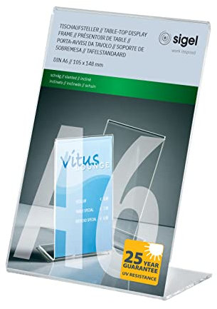 SIGEL TA214 Expositor de mesa inclinado, 15,5x10,6x5,3 cm (para A6 vertical) | para mostrador, restauración, oficina, boda, etc | resistente a los rayos UV, acrilico, transparente, 1 pieza