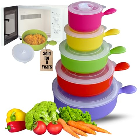 Evelots Microwave Freezer Safe Bowls - 10 Piece Set - With Vented Lids and Handles - Soup Bowls, Ramen, Cookware, Food Container Microwave Safe - BPA Free Plastic