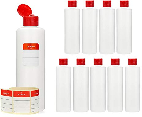 Octopus 10 Dosierflaschen à 250 ml aus HDPE mit Klappverschluss rot | Für Öle, Farben, Reinigungs- und Werkstattflüssigkeiten, für Serienabfüllung und sauberes Portionieren größerer Mengen