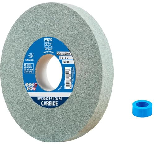 PFERD Schleifbockscheibe CARBIDE, 200x25x51mm, SiC 80, 39009727 – Weiche, aggressive Schleifscheibe für harte Materialien, z. B. Hartmetall, mit Reduzierhülse (32mm)