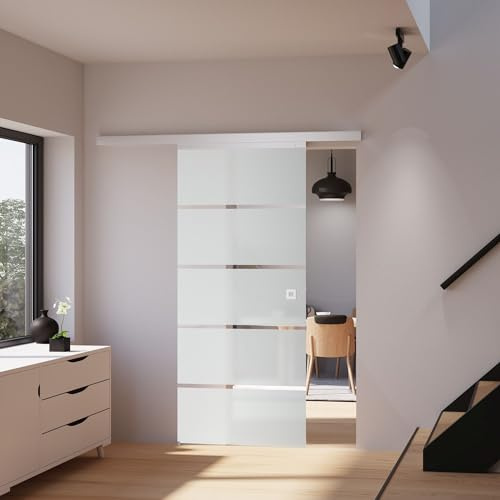 inova Glas-Schiebetür 880 x 2035 mm Blockstreifen Design Alu Komplettset mit Lauf-Schiene und Quadratgriff