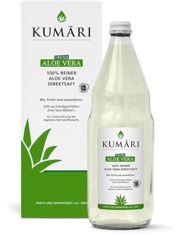 KUMARI Bio Aloe-Vera Direktsaft vegan rein unverdünnt, 1200 mg Aloverose, kontrolliert, Aloe Vera Saft zum Trinken 1L I Echte Aloe Vera Barbadensis Miller trinken