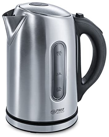 TZS First Austria Edelstahl Wasserkocher 2200W, 1,7 L, Temperatureinstellung 60-100 Grad, Warmhaltefunktion, Kalkfilter, verdecktes Heizelement, LED Beleuchtungsfarbe