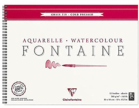 Clairefontaine 96315C Malblock, mit Doppelspirale Aquarellpapier Feinkörnig, Fontaine/Hadern, 30 x 40 cm, 12 Blatt, 300 g Packung, weiß