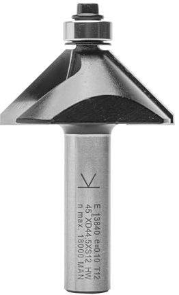 ENT 13840 Fresa de chaflán, en carburo, vástago (S) 12 mm, diámetro (D) 44,5 mm, NL 15,9 mm, E 45°, SL 40 mm, con rodamiento