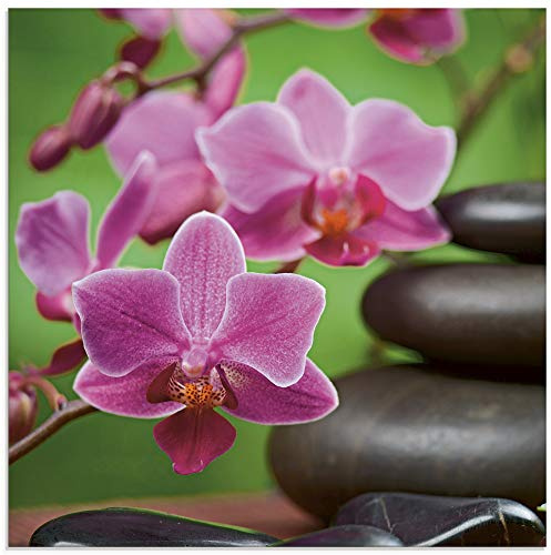 ARTland Wanddeko Glasbilder Wandbild Glas Bild einteilig 50x50 cm Quadratisch Asien Wellness Zen Spa Steine Blumen Blüten Entspannung Pink T5OM