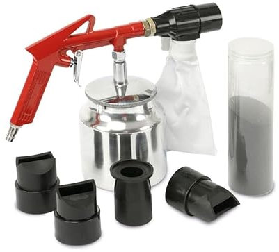 DAYTOOLS Sandstrahlpistole SP-850, 6-teilig | Robuste Druckluft-Sandstrahlpistole mit Stahldüse, Vorratsbehälter und Auffangsack | Inkl. 4 Gummi-Formdüsen und 400 g Strahlgut | Arbeitsdruck 3 bar