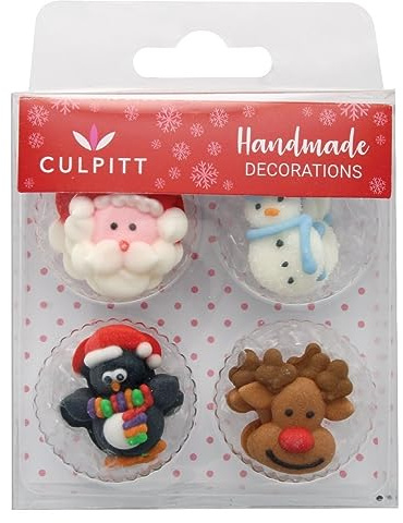 Culpitt Christmas Friends Sugar Pipings, Edible Royal Icing Decorations, Multi-Coloured Festive Cake and Cupcake Toppers, Santa, Snowman, Penguin, Ruloph - Pack of 12