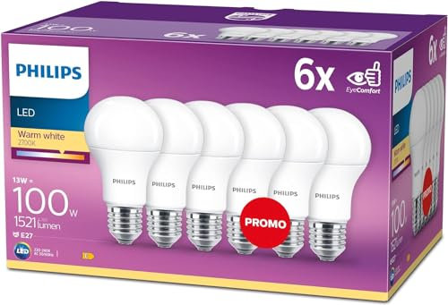 Philips LED Classic E27 Lampen 6-er Pack (100 W), matte LED Lampen mit warmweißem Licht, energiesparende Lampen mit langer Nutzlebensdauer, alte Generation
