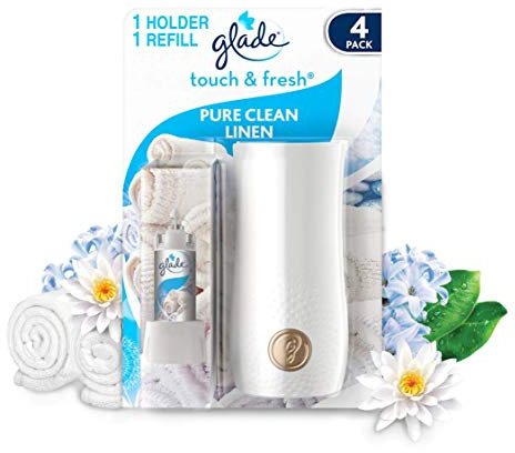 Glade Touch & Fresh Air Freshener Spray, Touch Activated Odour Eliminator for Bathroom & Home, Clean Linen, Pack of 4 Starter Kits, (4 x Holder and 4 x 10ml Refill)