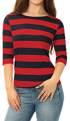 Allegra K Women's Striped Shirt Elbow Sleeve Slim Fit Casual Boat Neck Top | Striped Shirts, Elbow Sleeve, Slim Fit, Boat Neck, Casual Top, Color Block,Tee Shirt, Spring Fall