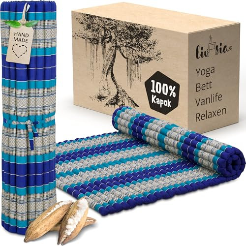livasia Rollmatte XXL breit Doppelbett - 200x145x4,5cm - Gästebett Gästematratze 2 Personen mit Muster, Reisebett für Kofferraum und Outdoor, Thaimatte Kapok Garten und Balkon (Blau)