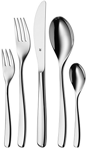 WMF Sinus Edelstahl Besteck Set 6 Personen, Essbesteck Set 30 teilig, Monobloc-Messer, Cromargan Edelstahl poliert, glänzend, spülmaschinenfest
