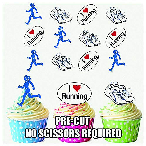 AK Giftshop I Love Running Runners Female Mix Cake Decorations - 12 Edible Wafer Cup Cake Toppers