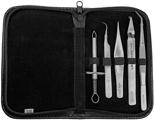 May 5-tlg. Edelstahl Zeckenentferner Set & Splitterpinzette - Universal-Pinzetten + Etui