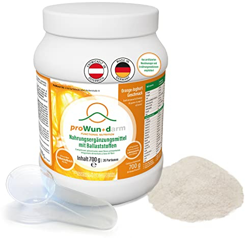 proWun+darm 700g, Nahrungsergänzungsmittel mit Ballaststoffen, Haferfaser, L-Arginin, L-Glutamin, Vitamine A+B+C+D+E, Magnesium, Selen, Zink, laktosefrei, Orange-Joghurt-Geschmack, Dose mit Pulver, 20 Portionen (1 Dose, 700g Pulver)