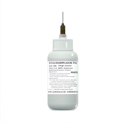EO-Flux-Dosierflasche FF-002 (No-clean Elektronik-Flussmittel mit 3,0% Feststoff), Luer-Lock Flasche mit 50 ml Inhalt und Dosiernadel aus Teflon