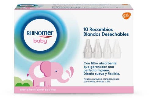 Rhinomer Baby Narhinel Confort, 10 Recambios Blandos Desechables Para Aspirador Nasal, Mejor Ajuste a la Nariz del Bebé, Con Filtro Absorbente de Mocos