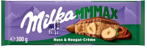 Milka MMMAX Nuss-Nougat-Crème Tafelschokolade, 300 g | Alpenmilch-Schokolade gefüllt mit zarter Nuss-Nougat-Crème und ganzen Haselnüssen, Großtafel