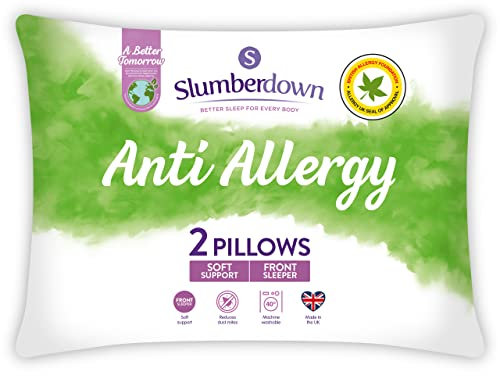 Slumberdown Anti Allergy Pillows 2 Pack - Allergy UK Approved Front Sleeper Soft Pillows for Allergy Sufferers | Anti Bacterial Soft Touch Cover, UK-Made & Washable (48 x 74cm)