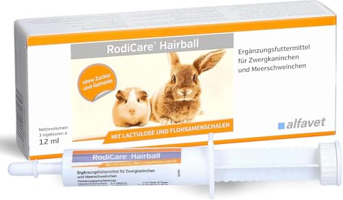 Alfavet RodiCare Hairball, kompletteringsfoder för dvärgkaniner och marsvin, främjar utsöndringen av hårbollar, 3 injektorer à 12 ml
