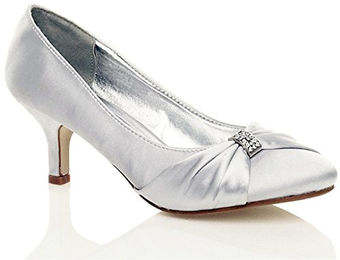 WOMENS SATIN HEELS LADIES WEDDING BRIDAL BRIDESMAID STILETTO LOW MID KITTEN HEEL DIAMANTE BUCKLE EVENING PARTY PROM SLIP ON CLOSE TOE SMART FORMAL CLASSIC SHOES PUMP 6 UK Silver