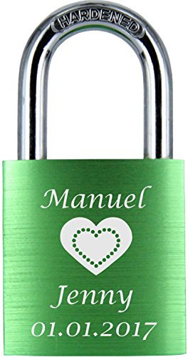 ♥ LoveGoals Liebesschloss mit Gravur | individuell graviert | Geschenk für Paare & Verliebte | hochwertige Geschenkverpackung | Schloss + 2 Schlüsseln | Oberfläche eloxiert | Motiv M021 | (Grün)