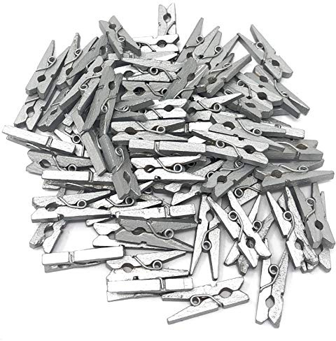 Lot de 100 mini pinces à linge en bois de couleur argent pour décoration de mariage vintage 25 mm