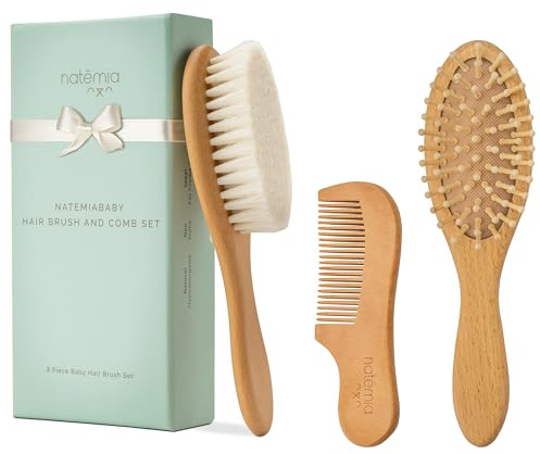 Natemia Premium Baby Haarbürste und Baby Kamm Set aus Holz – Natürliche, Weiche Borsten – Babybürste für Milchschorf – Perfekt als Baby Pflegeset Neugeborene und Baby Geschenk