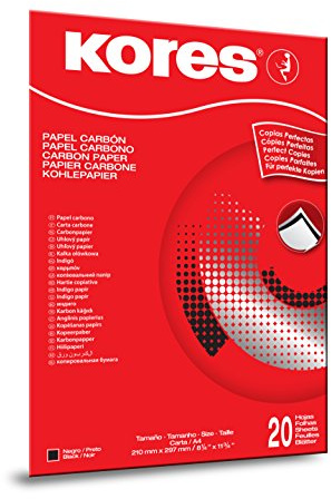 Kores - Papier Carbone Noir pour la Dactylographie, ne s'efface pas et est Réutilisable, Fournitures Scolaires et de Bureau, Format A4, 21 x 29,7 cm, Paquet de 20 Feuilles