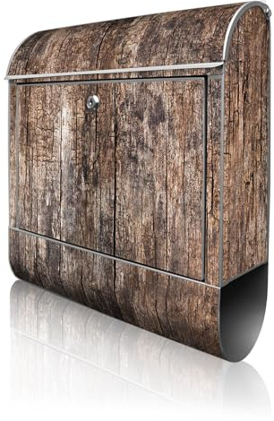 banjado Design Briefkasten 38,5x46,5x13cm & 2 Schlüssel - Briefkasten Stahl Silber mit Zeitungsfach pulverbeschichtet - Postkasten A4 Einwurf inkl. Montagematerial - Motiv Altes Holz