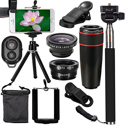 M.Way Téléobjectif universel 9 en 1 pour randonnée, concert, téléphone portable, télescope, trépied, contrôle Bluetooth, grand angle, objectif FishEye, autocollant, sac en velours pour iPhone, Sony,