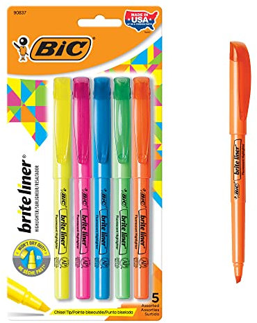 BIC Brite Liner Chisel Tip Highlighters, Long-Lasting, 5-Count in Assorted Colors for School Supplies