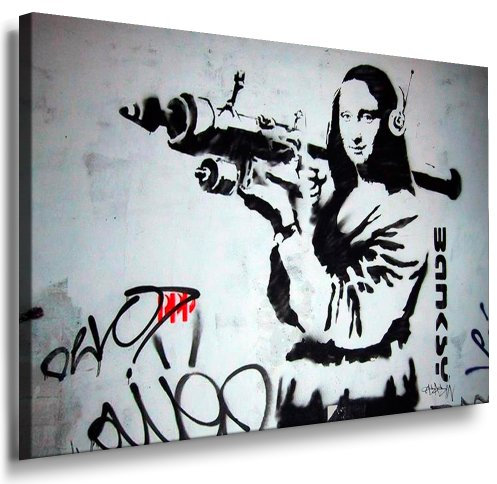 'Foto leinwand24 – Banksy Graffiti Art Mona Lisa With Weapon/aa0111/Immagine su telaio, Legno, Grau, 40 x 30 cm