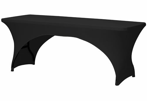 Perel Schwarze Stretch-Tischhusse mit Bogenform für rechteckige Tische, elastische Husse mit Fußtaschen, waschbar und passgenau für Hochzeit, Feier, Messe und Events