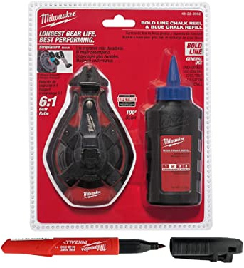Milwaukee 48-22-3982 100 Ft. Bold Line Chalk Reel w/ Strip Guard Gearbox (3 Oz. of Red Chalk and Bonus Inkzall Fine Point Job Site Carpentry Marker Included)
