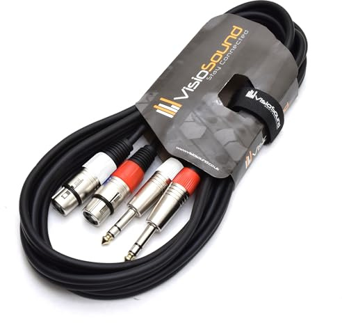 2x Female XLR to 6.35mm 1/4 Stereo TRS Jack Cable Twin Lead (Black, 1.5m) | Noiseless OFC Balanced Signal, Audio, Patch Cable / 5 Colours