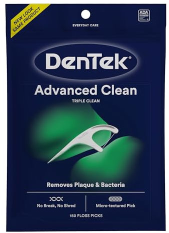 DenTek Triple Clean Mint Flavoured and Fluoride coated Advanced Dental Floss Picks with 3 cleaning actions - 150 Pack (Packaging may vary)