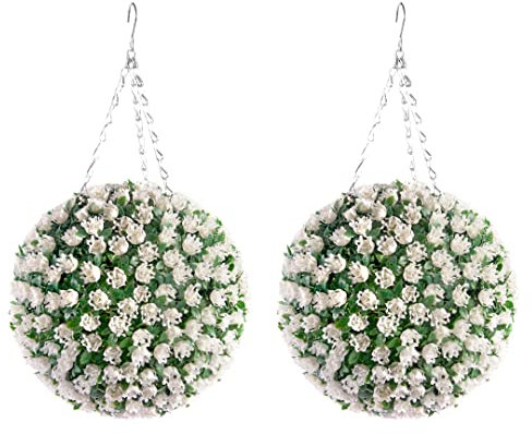 Best Artificial Pair of 28cm White Ivory Rose Flower Topiary Hanging Balls **UV Fade Protected**