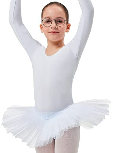 tanzmuster ® Ballettkleid Mädchen Langarm - Alea - (Größe 92-170) Tutu aus weicher Baumwolle Ballettbody Ballett Trikot in weiß, Größe 104/110