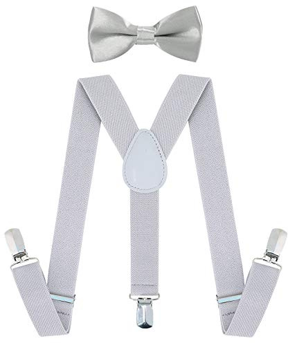 AWAYTR Child Kids Suspenders Bowtie Set - Adjustable Suspender Set for Boys and Girls(25Inches (3 Years to 6 Years), Light Gray)