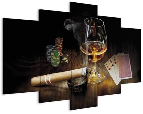 Cuadros B&D XXL - Leinwandbild Alkohol Zigarre Poker, Schlafzimmer, modern | Hochwertige Leinwand, sofort aufhängbar, ideal fürs Wohn- oder Schlafzimmer, wasserfest und lichtecht, langlebig, stilvoll