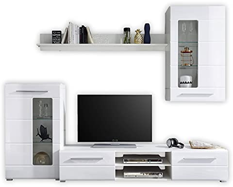 Parete attrezzata Enrique, Set Completo in Bianco Lucido, Contemporaneo Parete attrezzata con Tanto Spazio per Soggiorno, 240 x 190 x 42 cm
