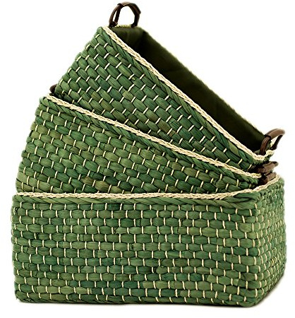 Baskets Woven Maize Storage Bins Set of 3,Kingwillow. (Green,Rectangular)